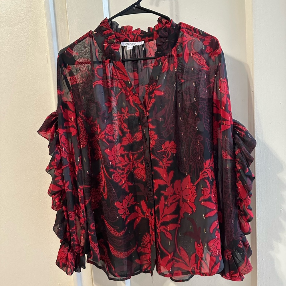Chico's Red and Black Floral Blouse